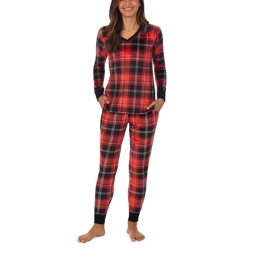 🆕Cuddl Duds Velour Plaid 2 Piece Pajama Set Black/Red Size M